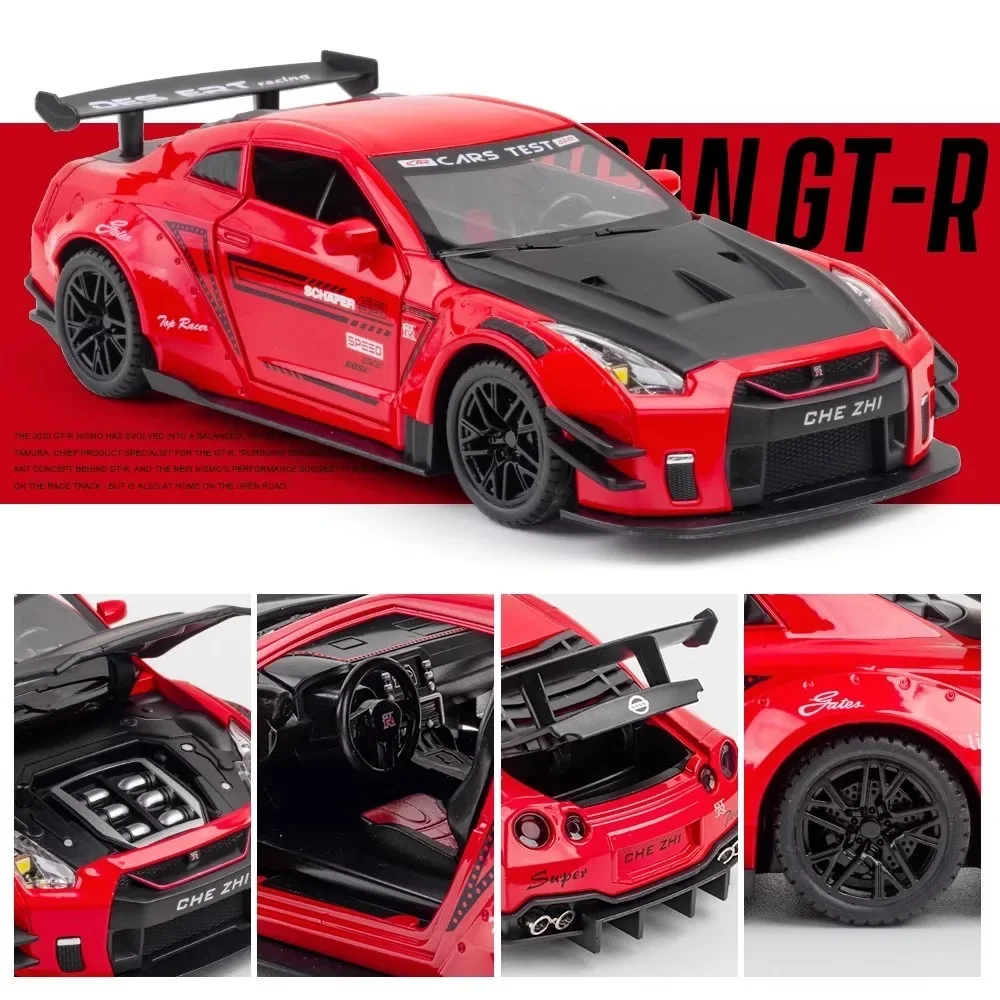 日産-ミニチュアメタルボディ,車両モデルgtr r35,合金ダイキャストトイカー,3ドア開口部,クリスマスギフト,1:24スケール