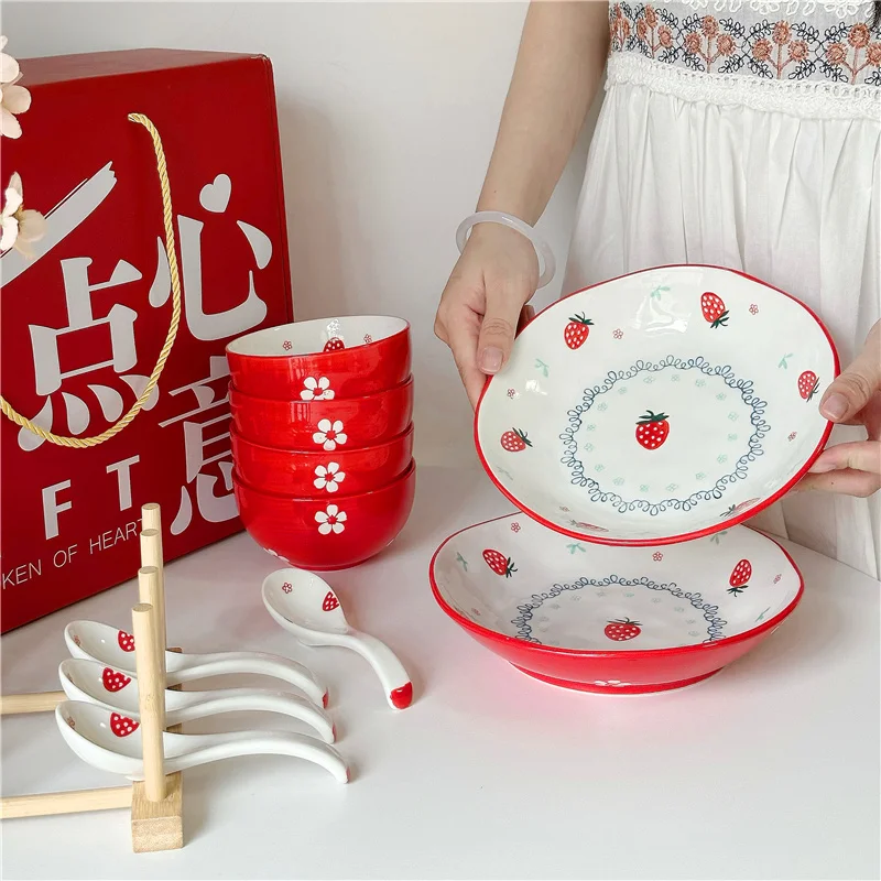 

6 bowls, 4 plates, 6 spoons cutlery set, hand-painted ceramic 4.5-inch bowl, 8-inch plate, suitable for microwave oven