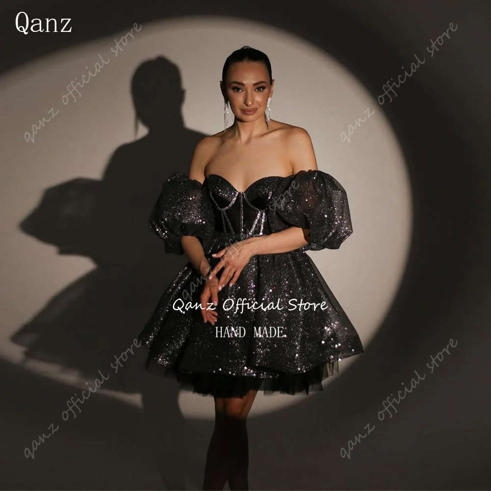 

Qanz Sparkle Black Short Prom Dresses Sweetheart Puff Sleeves Glitter Party Gown Dress for Women Corset Abendkleider Customized