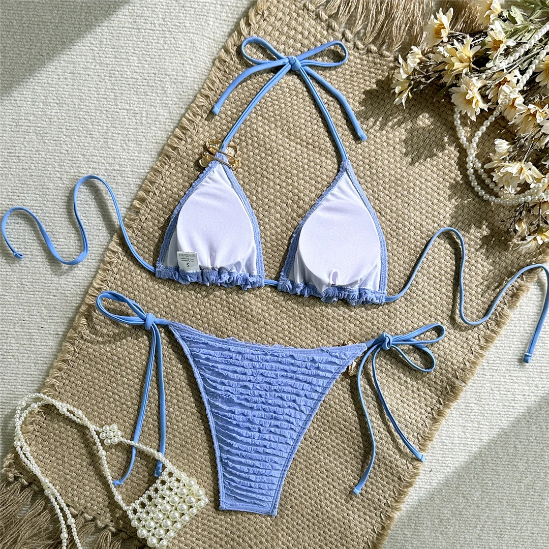 Zweiteiliges Bikini-Set mit Metallblumen-Design, Neckholder-Bikini, Damen-Badeanzug, Damen-Bademode, geraffter, gepolsterter Badeanzug, Badebekleidung, Modell V7478. – Detail 27
