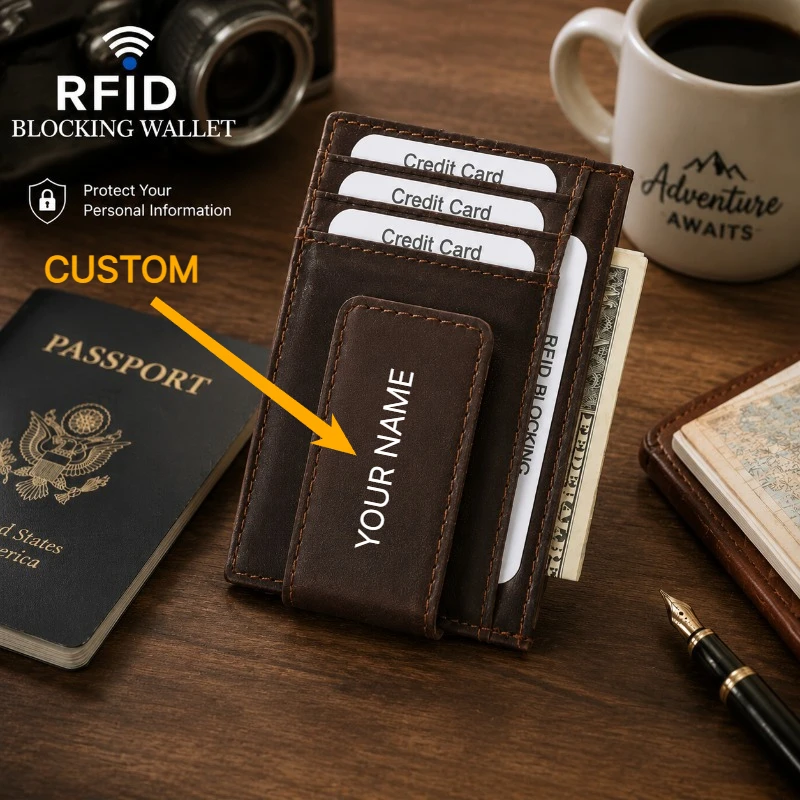 Unisex RFID Blocking Crazy Horse Top Grain Leather Magnetic Card Holder Wallet with Money Clip Multi-Slot Engraved Gift