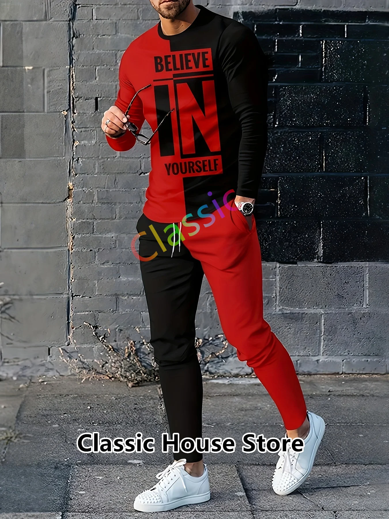 Conjunto de 2 piezas para hombre, camiseta de manga larga y pantalones, ropa deportiva informal para correr, chándal de moda, ropa de gran tamaño