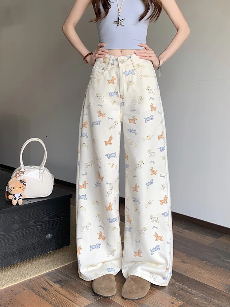 

Summer 2026 High Waist Straight Leg Denim Pants Women's Chic Fashionable All-Match Cartoon Print Casual High-End Feeling