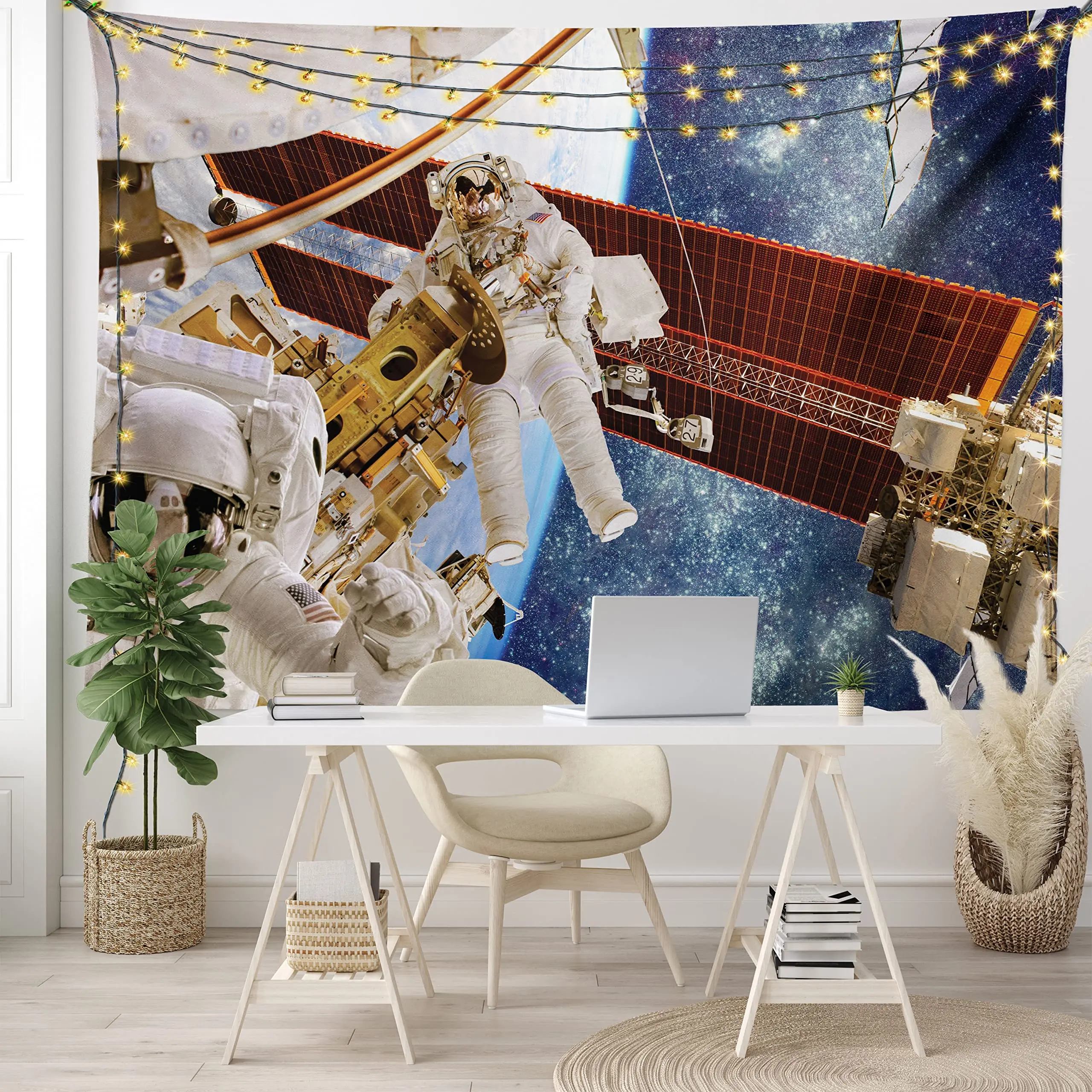 Psychedelic Space Station Tapestry Astronaut Outer Space Wall Hanging Cosmic Planet Tapestries Living Room Dorm Wall Decor Cloth