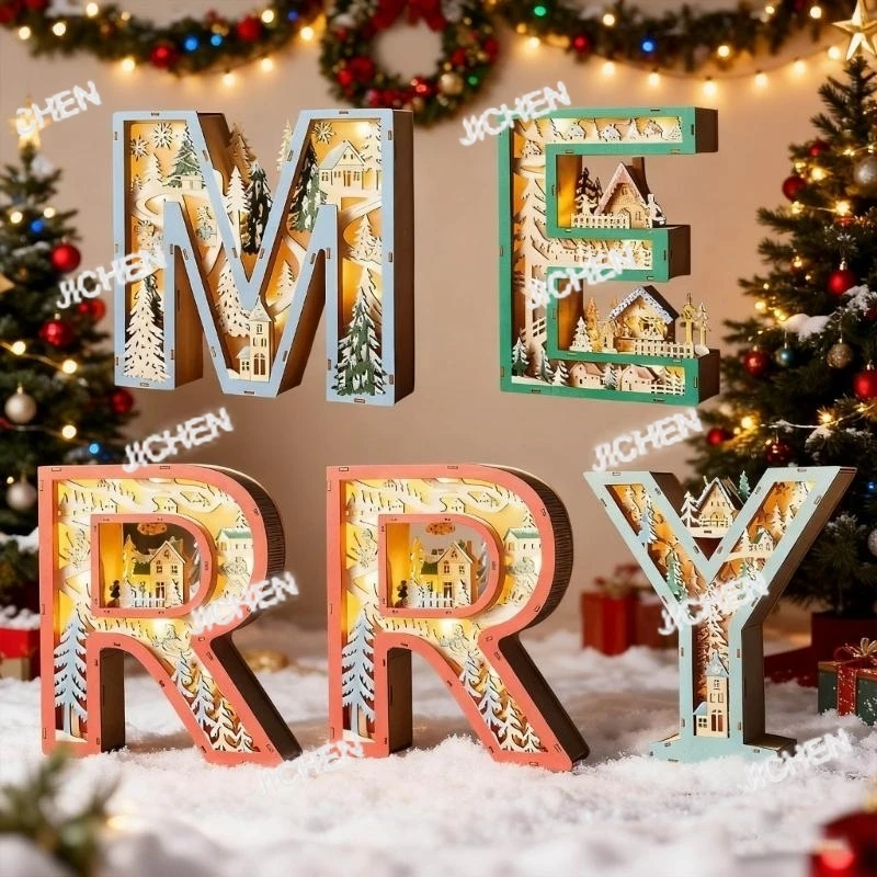 

Neu Hollowed Wooden Letter LED Light Christmas Themed Table Lamp Holiday Decoration