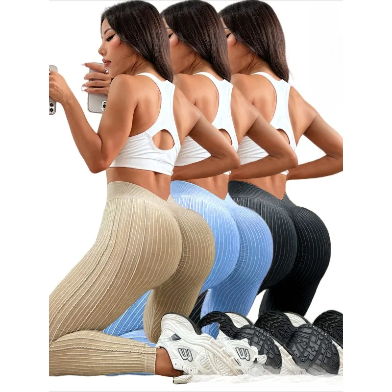 

Womens High Waisted V Shaped Waistband Sand Washed Ribbed Yoga Leggings Peach Booty Lifting Fitness Pants for Workout