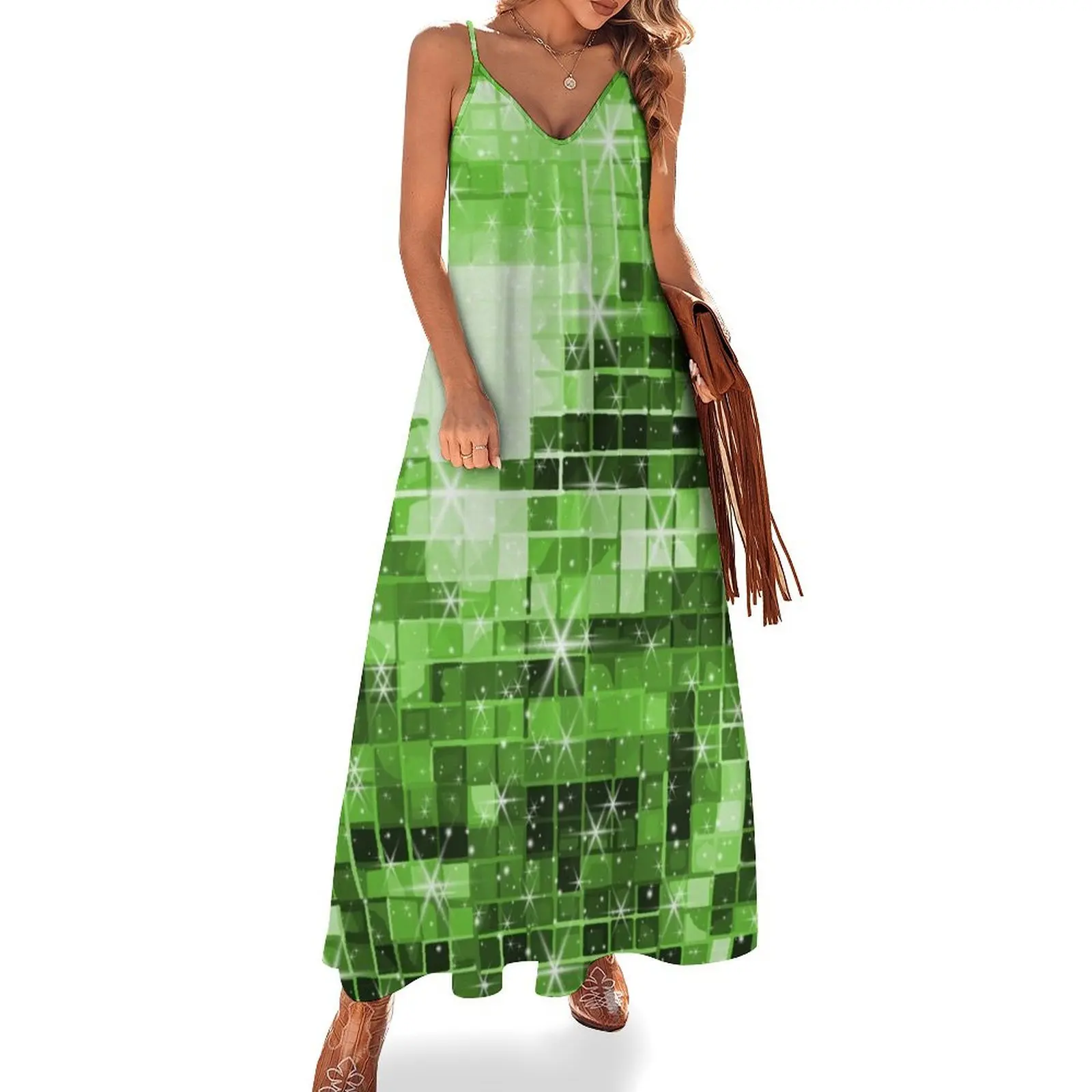 

Twinkle Green Disco Ball Pattern Sleeveless Long Dress Woman clothes sexy dress Dress