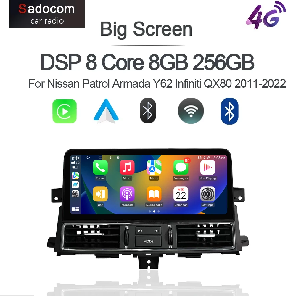 CarPlay Android 14 Car Multimedia Video Player Radio GPS Navigation 4G WiFi For Nissan Patrol Armada Y62 Infiniti QX80 2011-2022