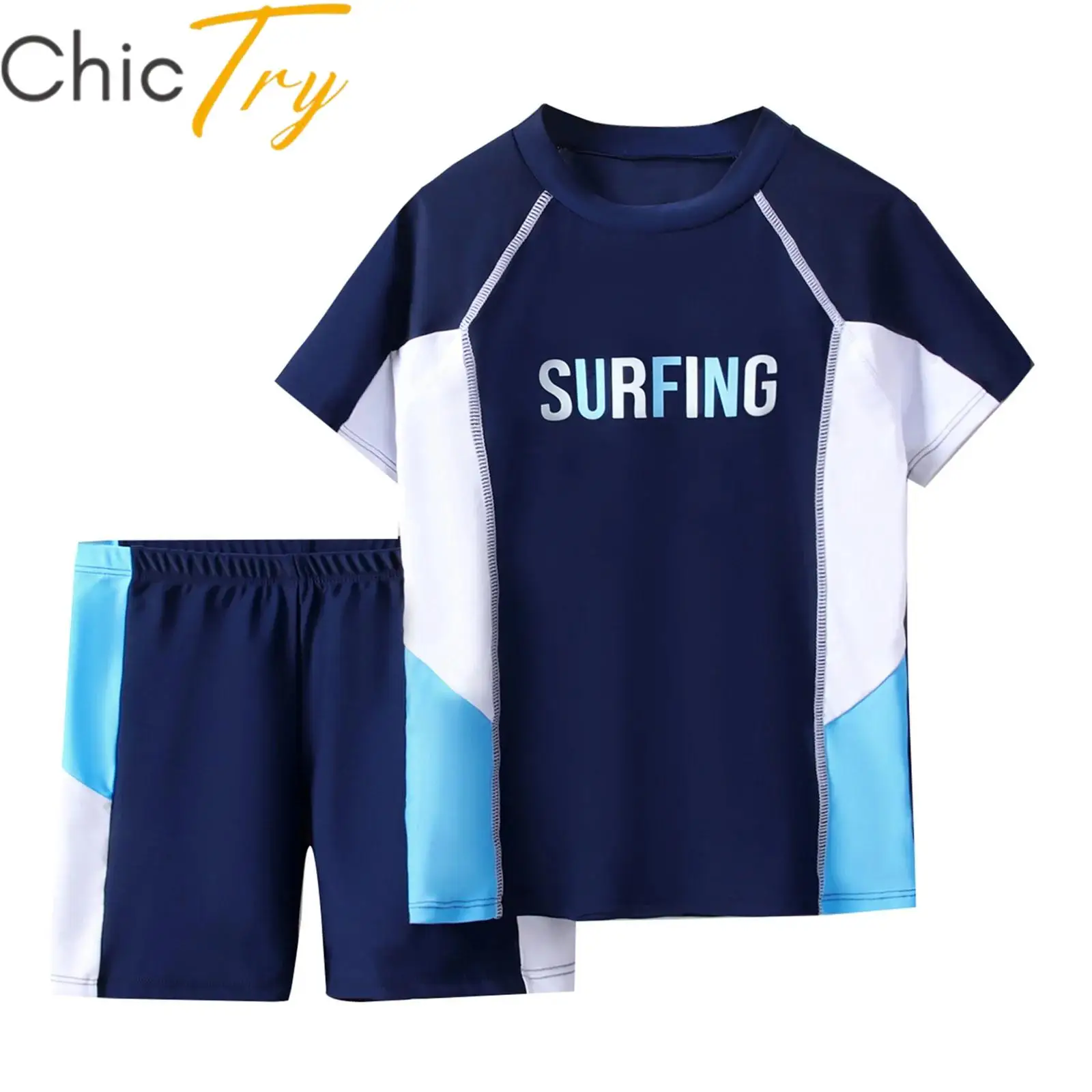 

Kids Boys Color Block Swimwear Set Short Sleeve Letter Top with Elastic Waistband Shorts Swimwear for Swimming Bathing Holiday