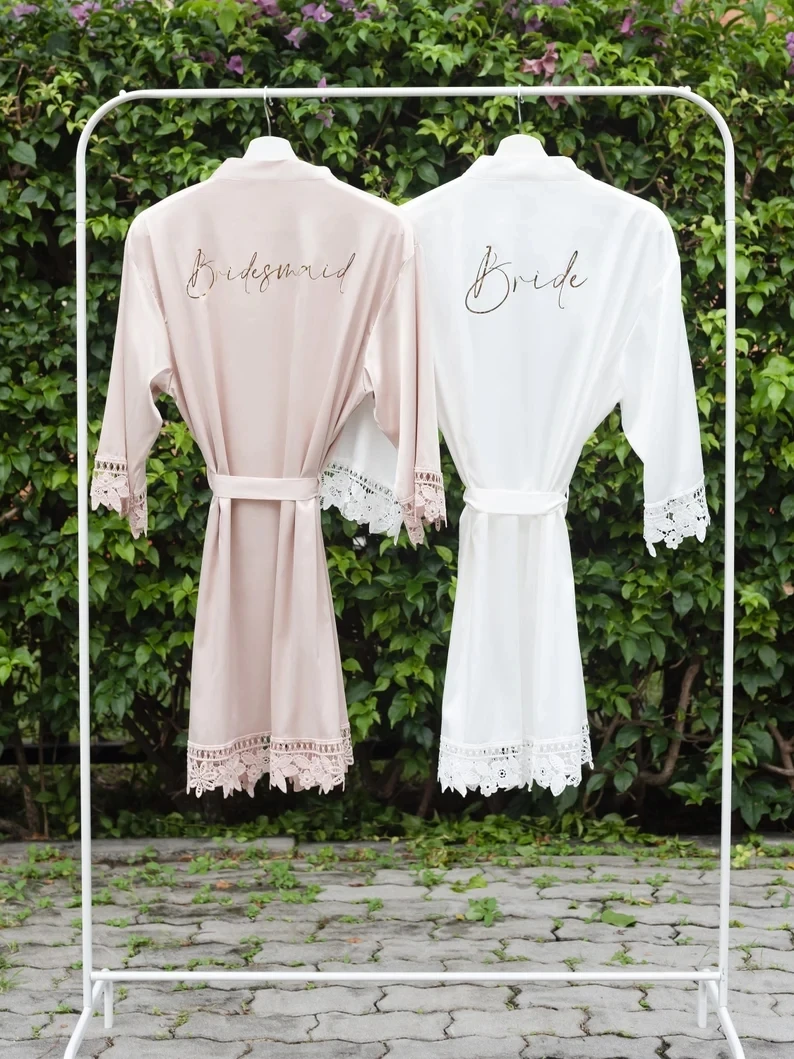 Wedding Robe Personalised Bride Dress Satin Lace Custom Robe Kimono Silk Woman Sleepwear Summer Bridesmaid Dresses Free Shipping