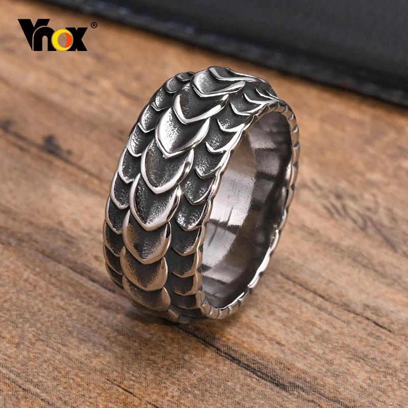 Vnox Rock Punk Viking Dragon Carved Surface Rings for Men Jewelry,Vintage Silver Color Stainless Steel Male Finger Bands