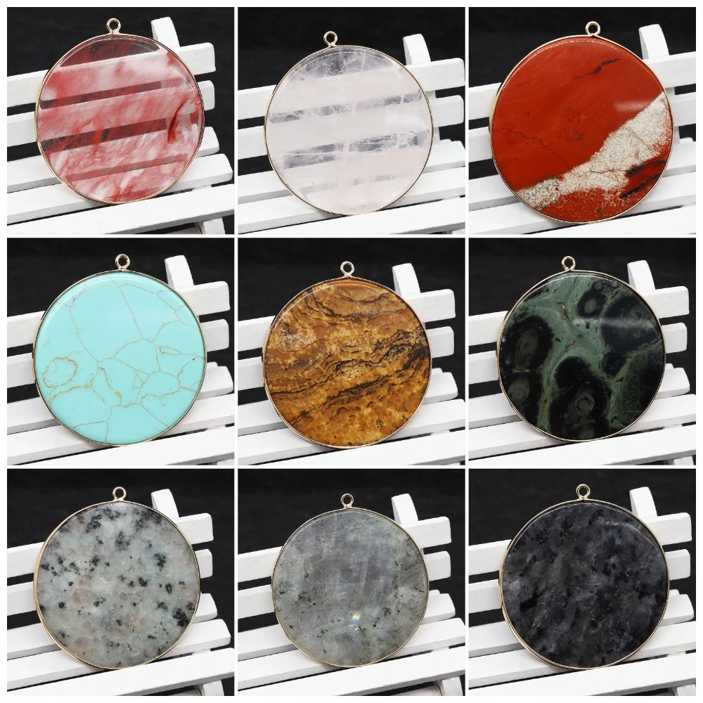 

50mm Flat Round Natural Stone Pendant Polished Labradorite Watermelon Red Single-hole Charm DIY Classic Necklace Accessory 1pc