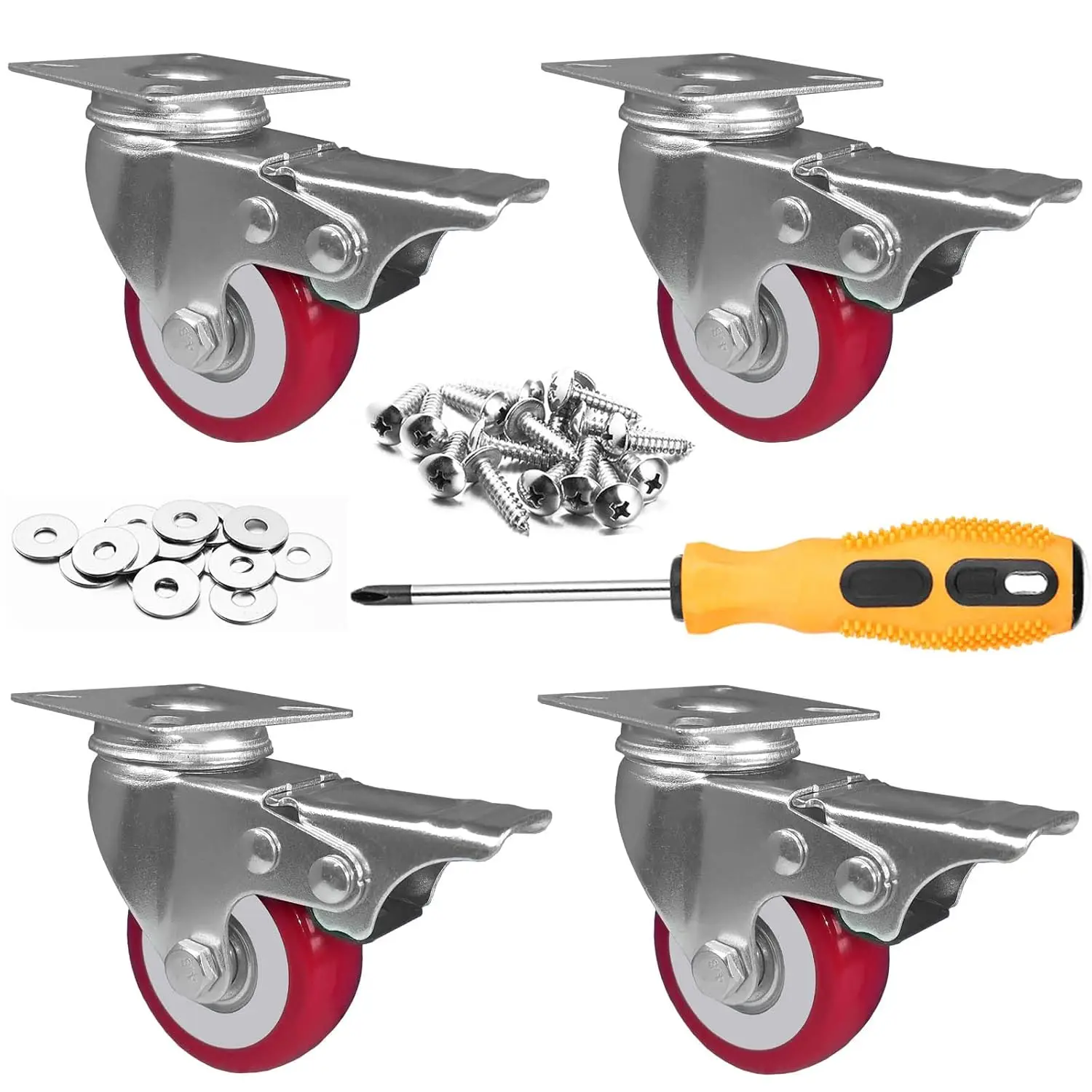 

2 inch Casters 800lbs Load Capacity Set of 4 with Brake, Noise-Free 360 Degree Swivel Plate for Furniture, Includes Screws