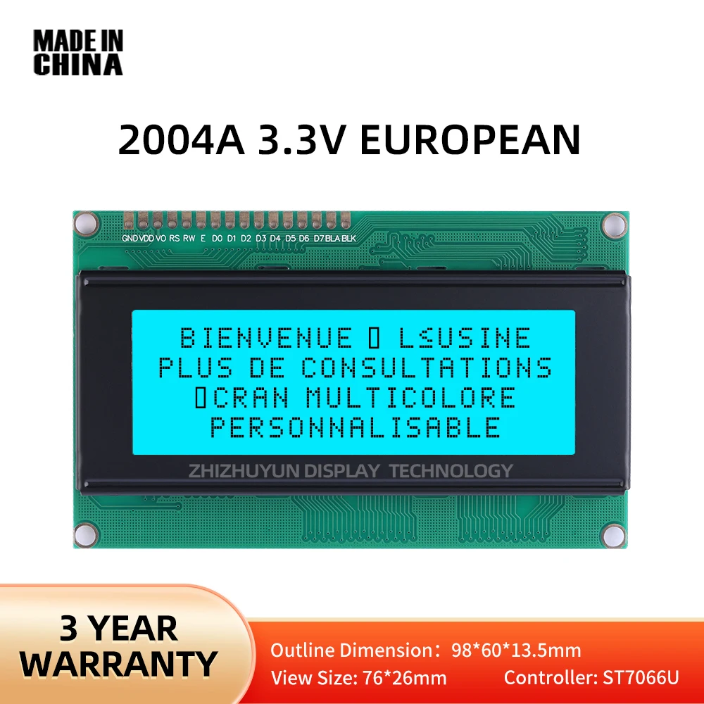 Ecrã LCD Europeu de Alto Brilho, Filme Cinzento Azul Gelo, Texto Preto, Luz de Fundo LED, Integrado, 98x60mm, 2004A, 3.3V