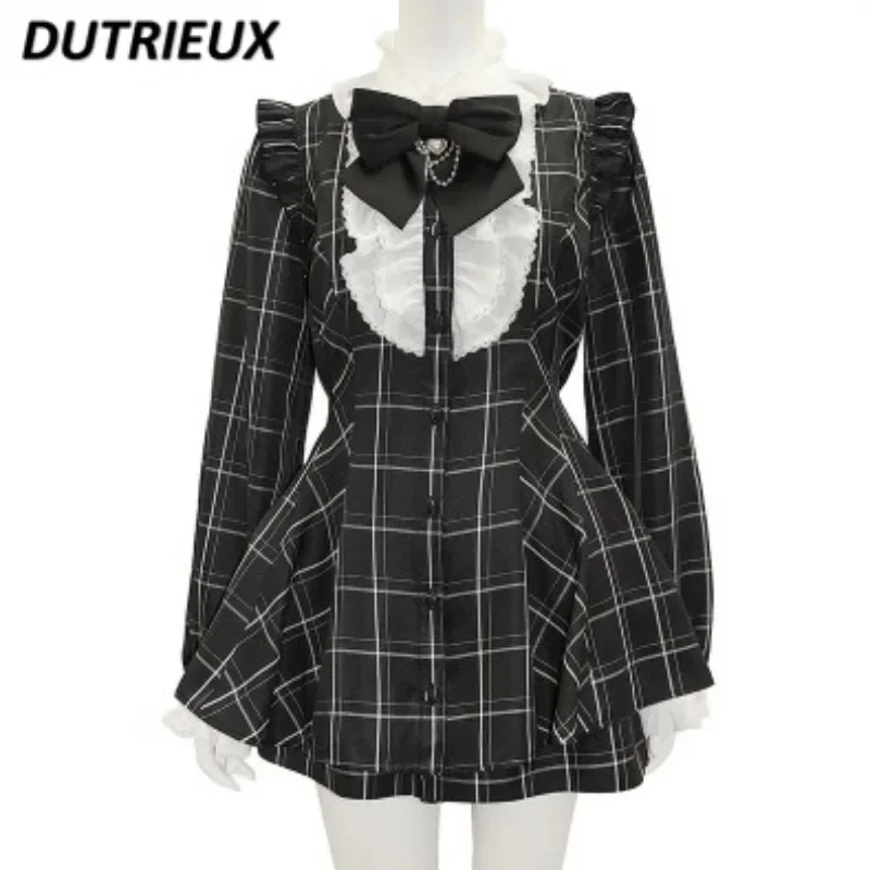 

Sweet Outfits SC Suit Japanese Mine Plaid Long Sleeve Shirt Love Heart Bow Tie Chain Mass-Produced Dress and Culottes Set