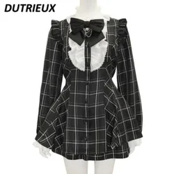 Sweet Outfits SC Suit Japanese Mine Plaid Long Sleeve Shirt Love Heart Bow Tie Chain Mass-Produced Dress and Culottes Set