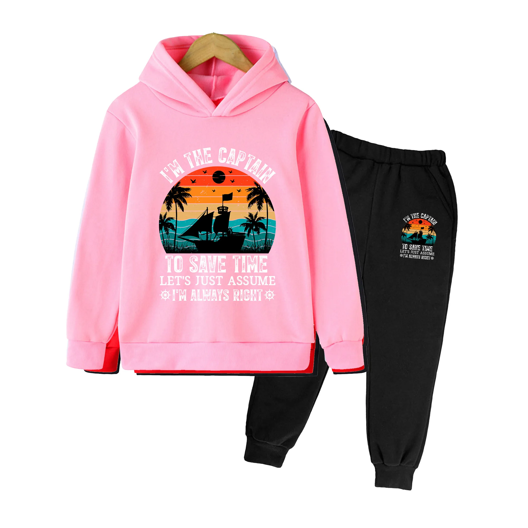 Kids Hoodie and Sweatpants Set, Vintage Sailboat Sunset Print, Casual Sportswear for Boys Girls, Beach Vacation Outfit