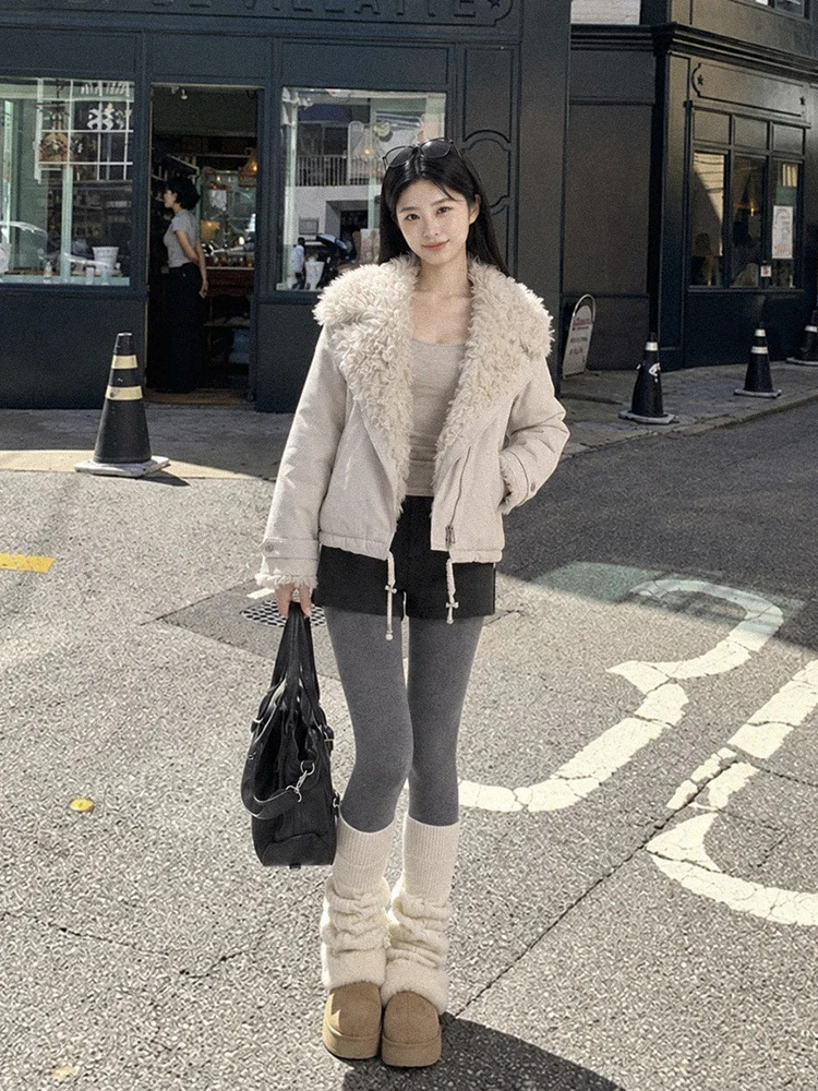 Winter Short Lamb Wool Collar Down Jacket Female Warm Diagonal Double Zipper Parker Jacket Women White Duck Down Thick Outwears