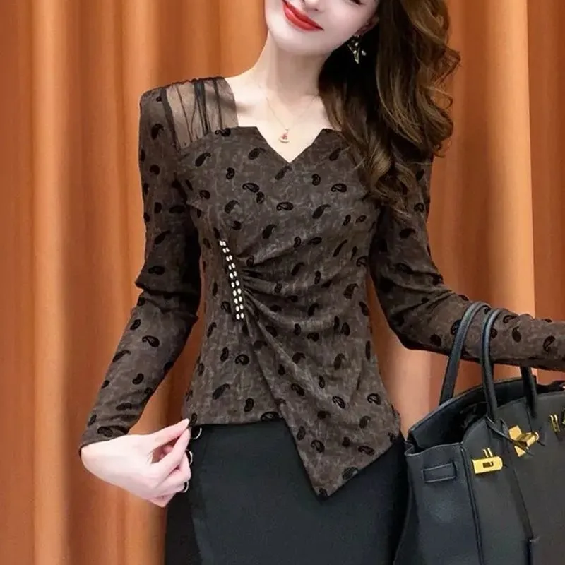 女性用 スリムフィット Vネック 長袖 メッシュ パッチワーク スタイル イレギュラー ボトム シャツ