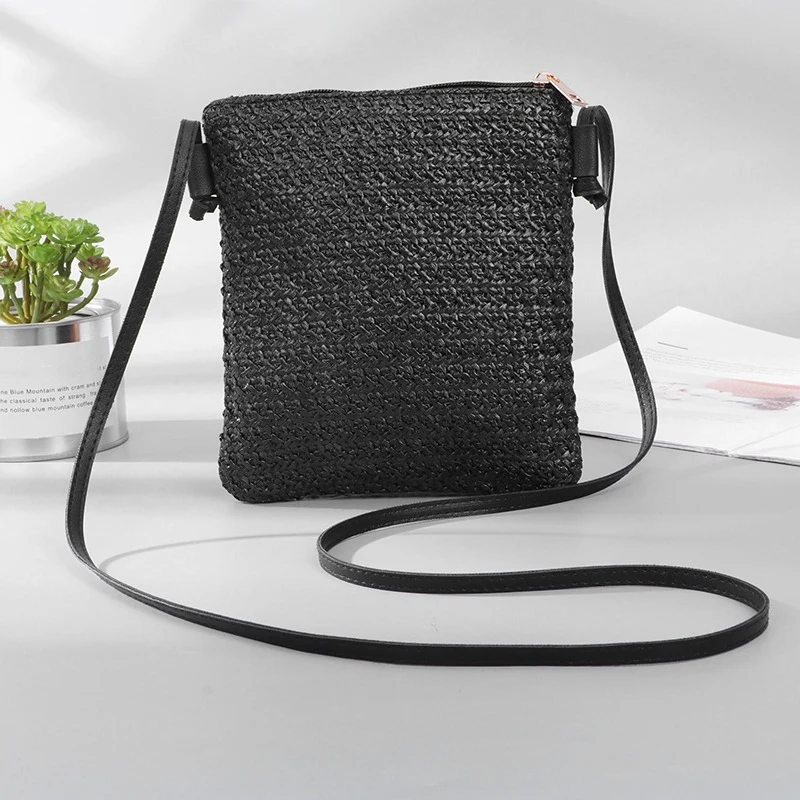 Straw Plait Small Square Bags One Shoulder Slanted Cross Bag Handbag Coin Purses Casual Holiday Beach Bag - black