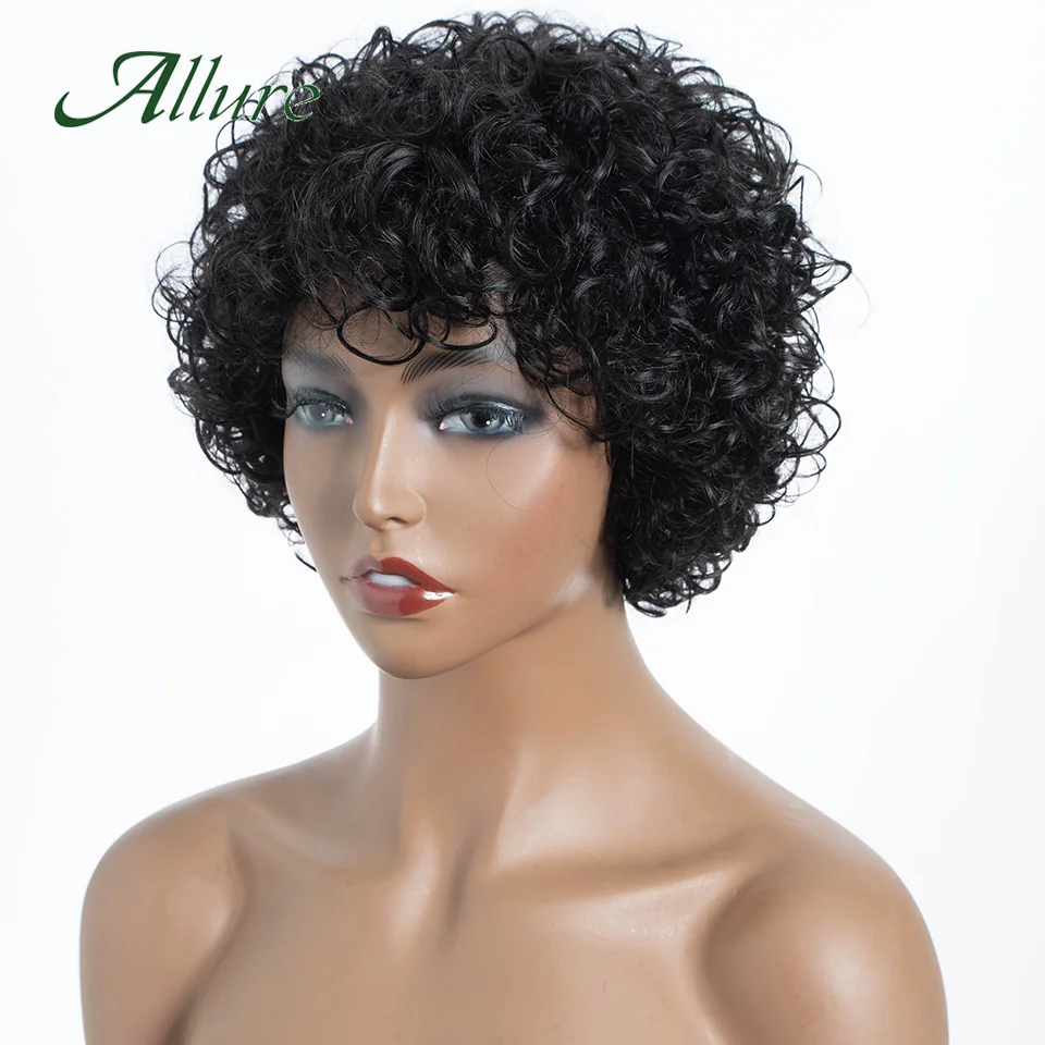 Afo Kinky Curly Human Hair Wigs for Women Brazilian Pixie Short Hair Wig With Bangs 8 inch Natural Black Colored Hair Wig Allure