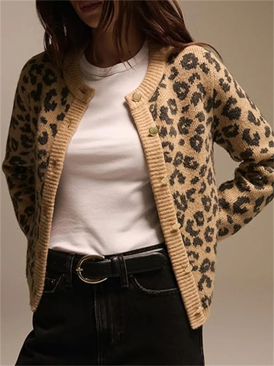 New Fashion Knitted Leopard Print Cardigan Women's Loose Casual Printed Long Sleeve O-Neck Top Retro Y2k Cardigan Sweater Female