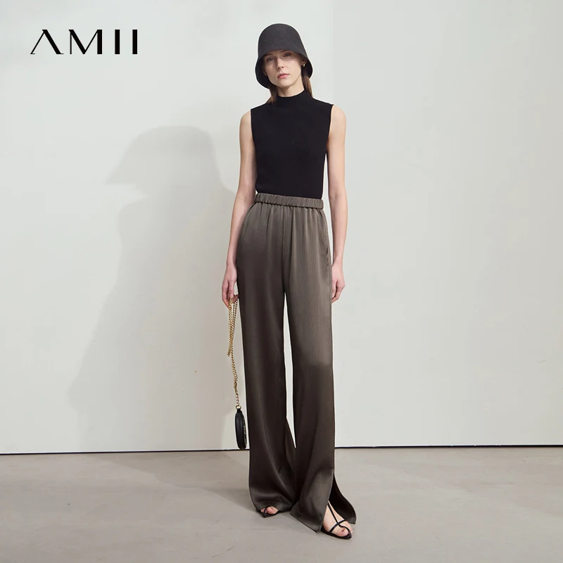 Amii Minimalist Casual Wide-leg Pants for Women 2025 Summer New Solid Rubber Band Waist Pleated Satin Loose Trousers 12542041