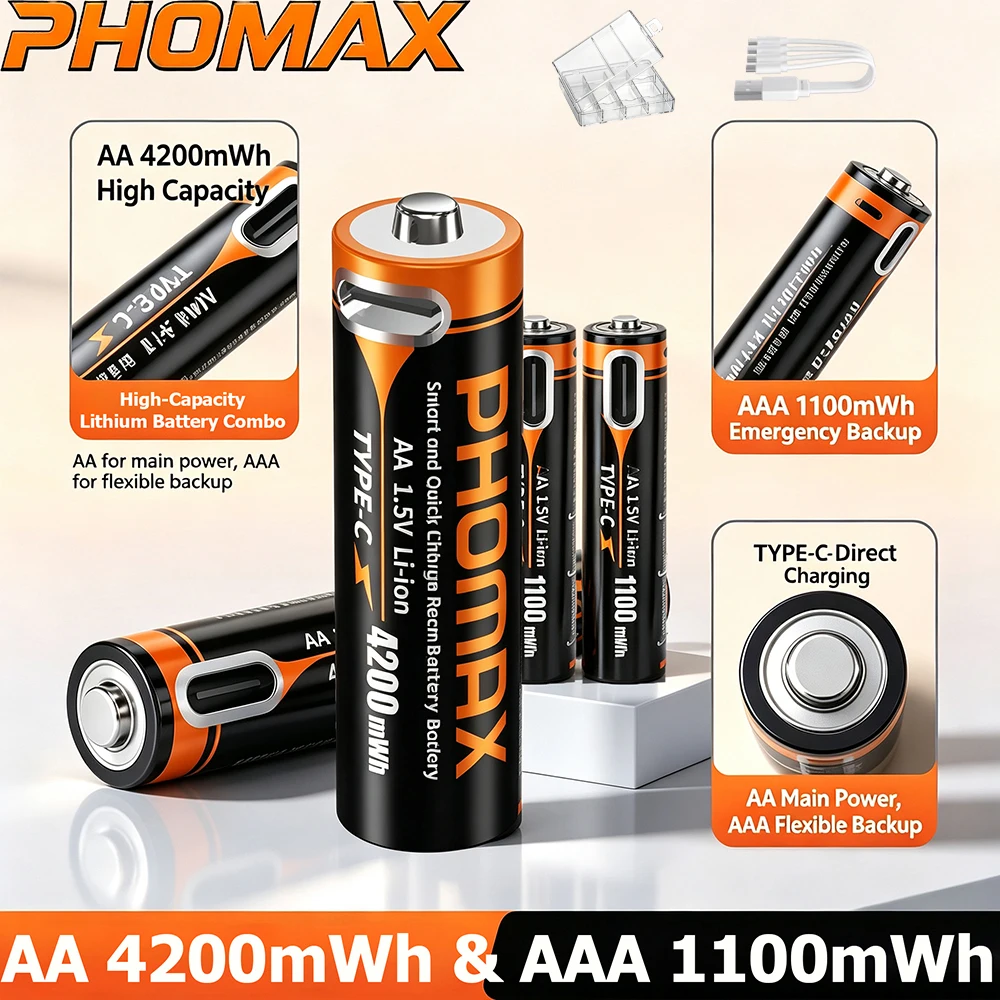 PHOMAX Li-Ionen-Akku AA/AAA Langlebiger AA 4200mWh AAa 1100mWh Wiederaufladbarer Akku für Spielzeug, Kamera, Fernbedienung und Gadgets