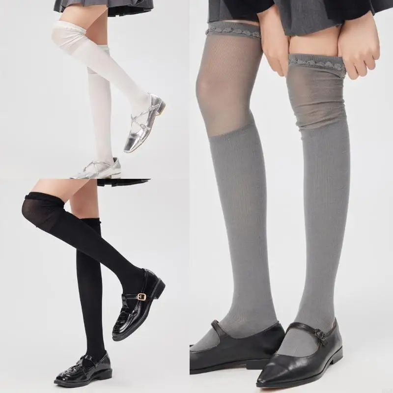 195E النساء اليابانية طالب بلون تمتد فوق الركبة جوارب طويلة أنيقة شبكة الربط كشكش مكشكش الفخذ العليا جوارب #5