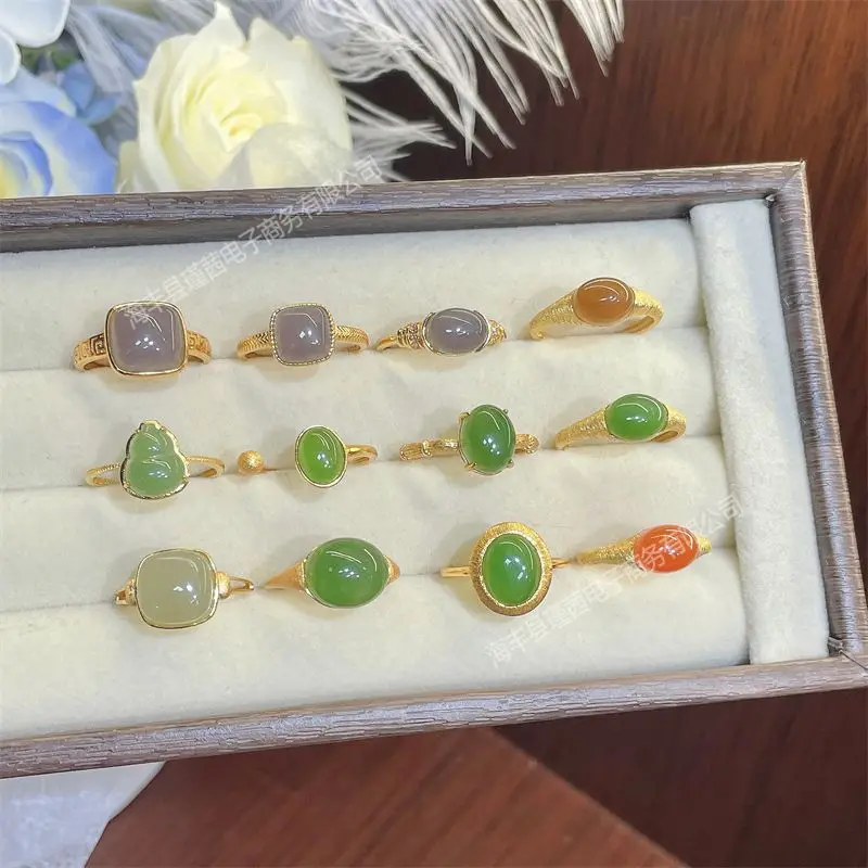 

Whole body s925 silver inlaid with natural Hetian jade jasper sugar Nanhong ring adjustable live women's ring jewelry