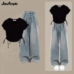 Women Summer New Chic Drawstring Short-sleeve +Wide Leg Jeans Two Piece Suit Korean Elegant Short Top Denim Pants Matching Set