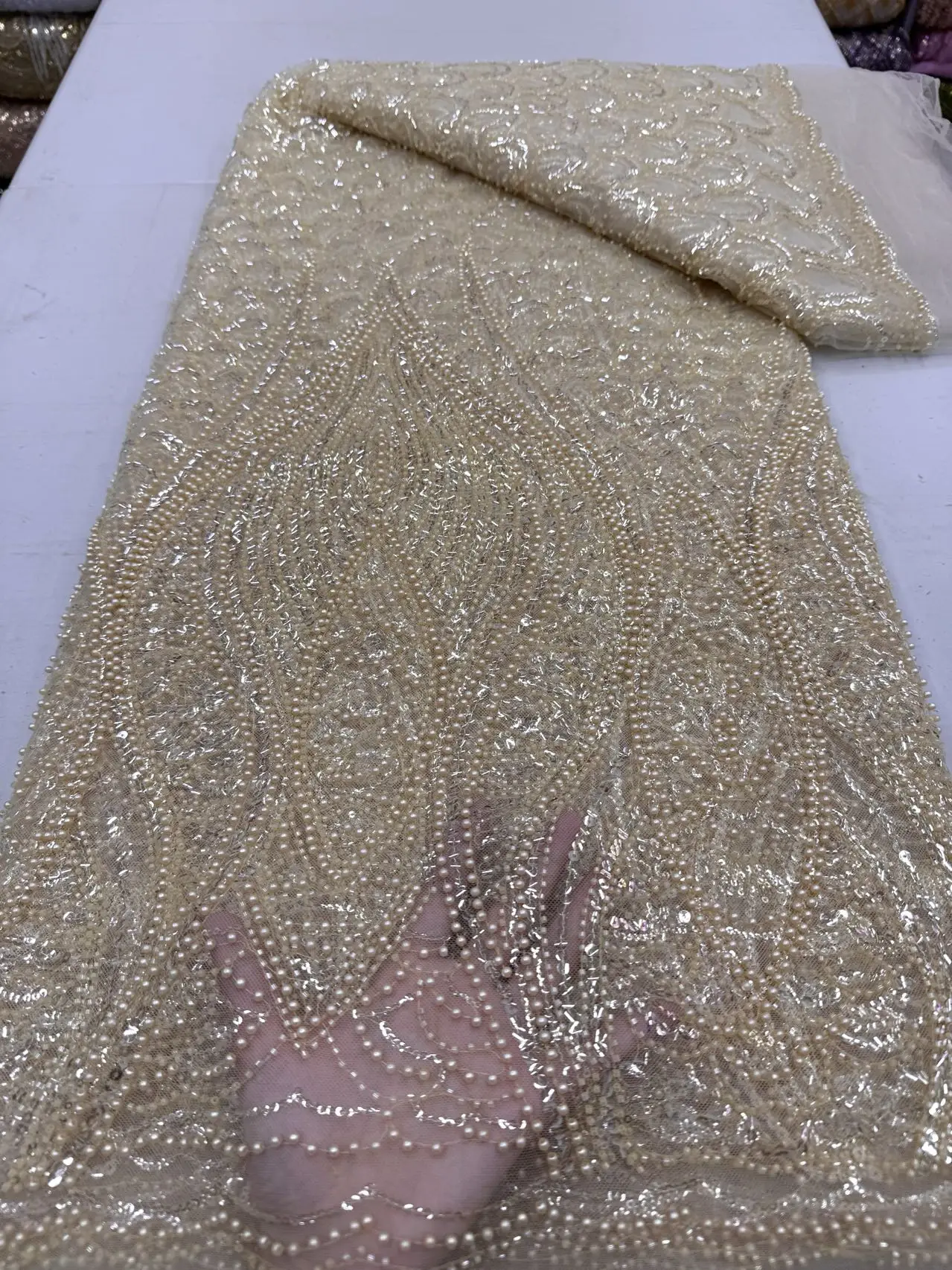 

2026 African Nigerian High-Quality Sequins Tulle Lace Fabric for Prom Dresses Beads Embroidery Sewing Net Cloth 5Yard JY512