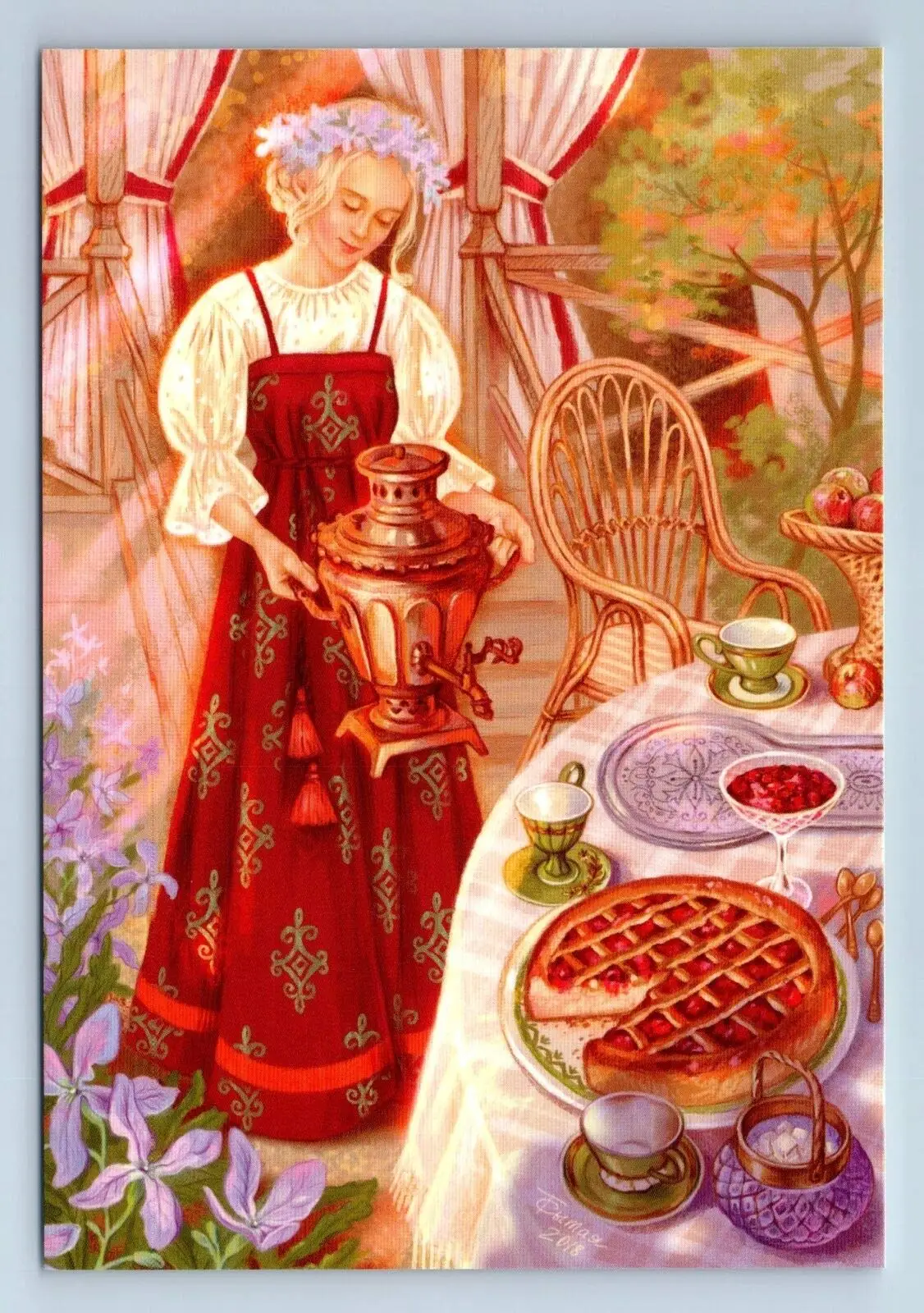 Retro Tin Sign Metal Plate Pretty Girl with Samovar Russian Cooking Ethnic Tea Time Rustic Metal Logo with Retro Look