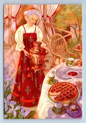 Retro Tin Sign Metal Plate Pretty Girl with Samovar Russian Cooking Ethnic Tea Time Rustic Metal Logo with Retro Look