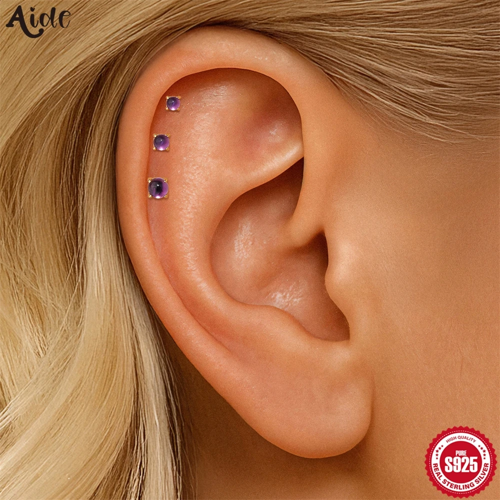 Aide Pendientes de Plata de Ley 925 con Amatista Natural, Tipo Stud para Cartílago, con Cierre de Rosca, Regalo de Cumpleaños o Aniversario para Ella