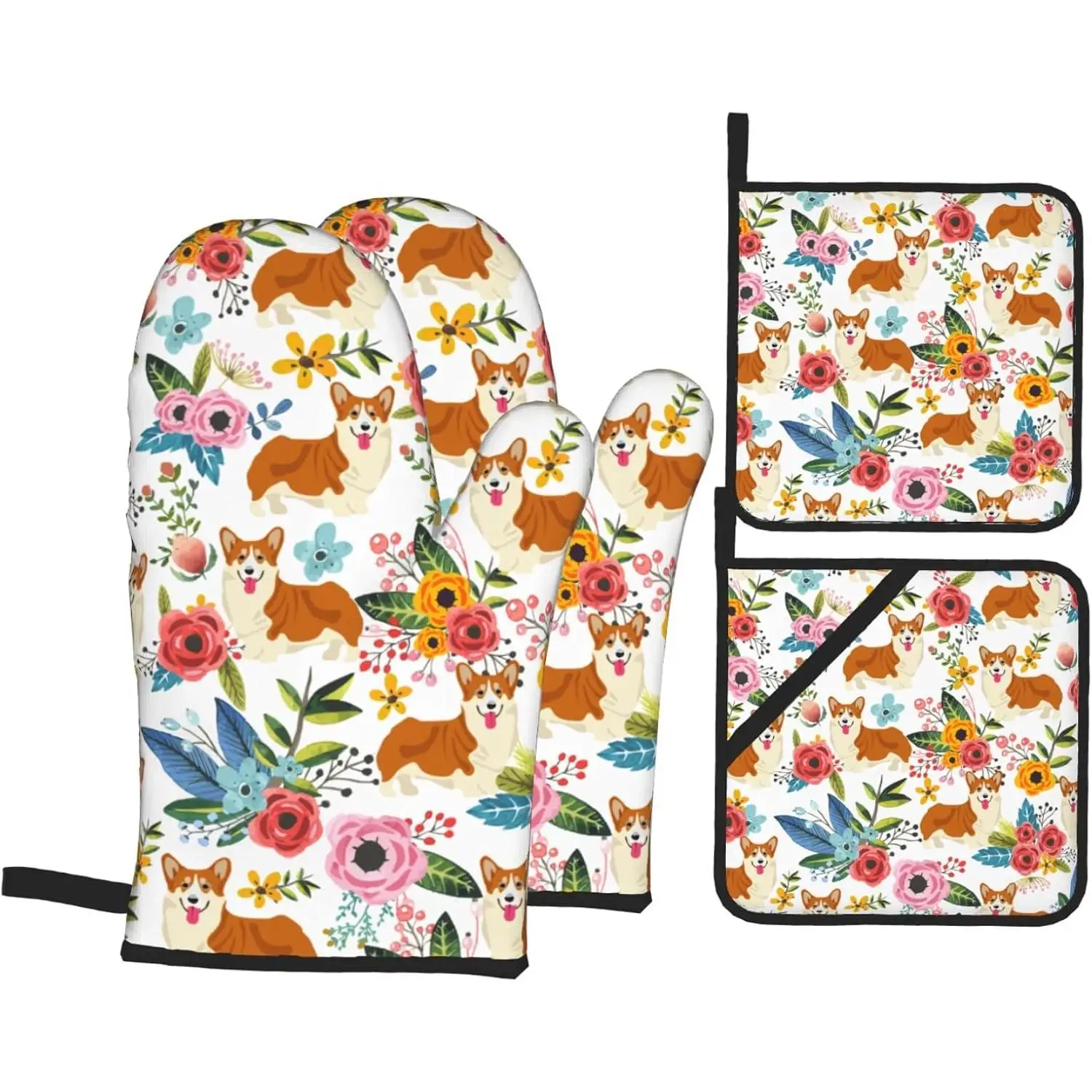 Cute Corgi Dog Oven Mitts and Pot Holders Set Funny Puppy Kitchen Gloves Heat Resistant Hot Pads for Microwave Cooking Baking