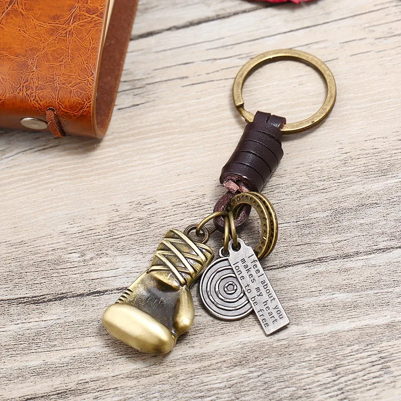 Vintage Bronze Alloy PU Leather Keychain in the Shape of a Boxing Glove Men's Car Ornament Pendant Keyring Male Gift