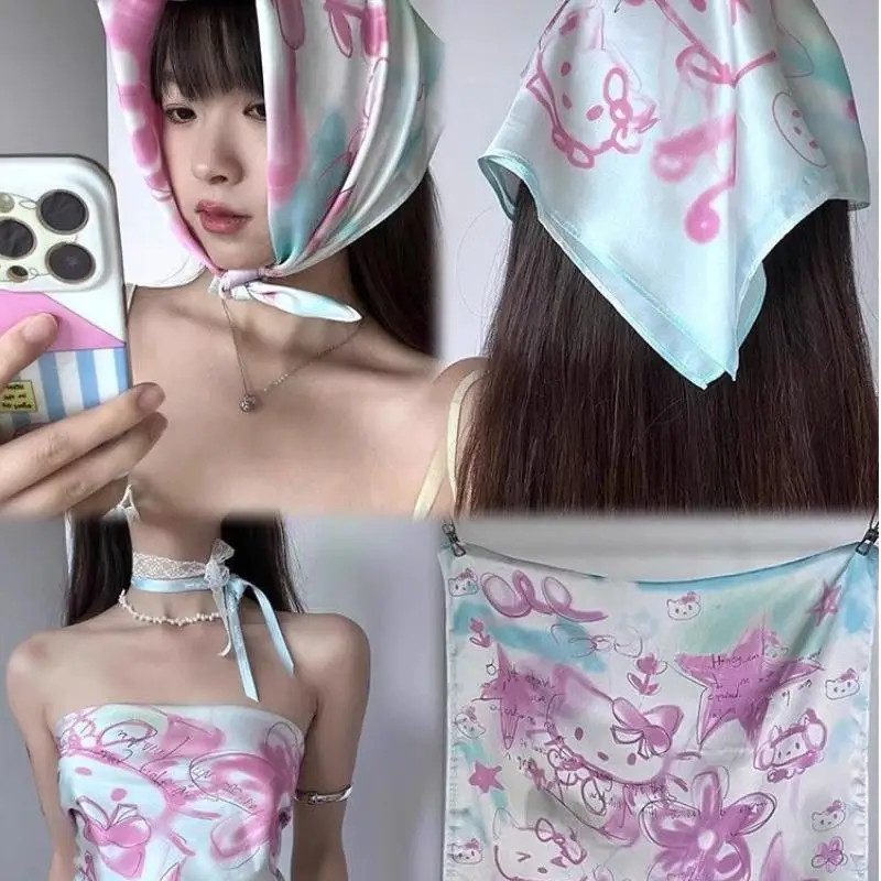 ホットガールズキティ手描き落書きチューブトップセクシー女性夏Y2Kドーパミンキュートバストラップスカーフシルクスカーフストリートトレンド