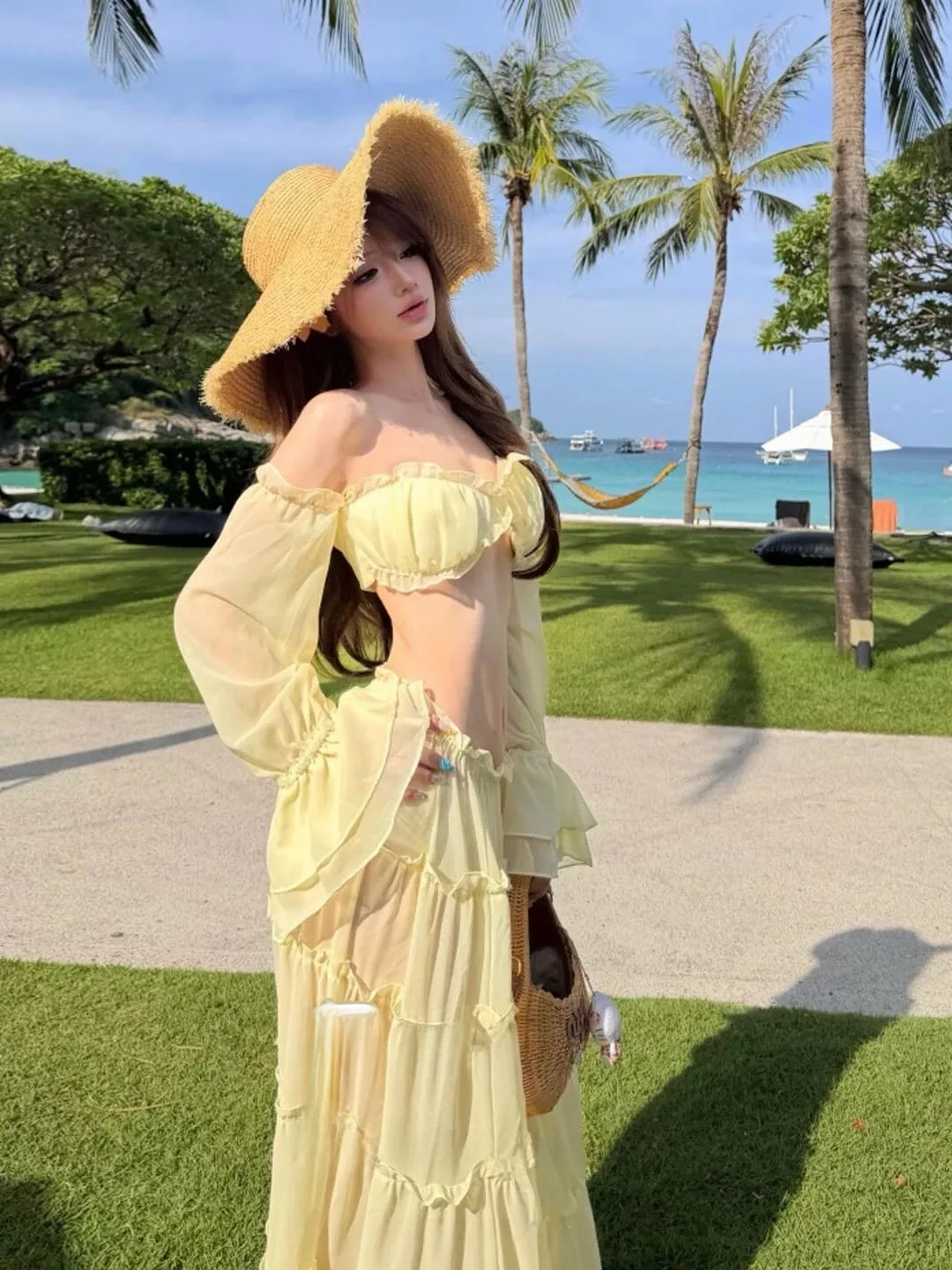 French Holiday Fairy Atmosphere Bubble Sleeve Beach Long Dress Swimsuit Three Piece Set Separate Bikini Nylon Material Beachwear