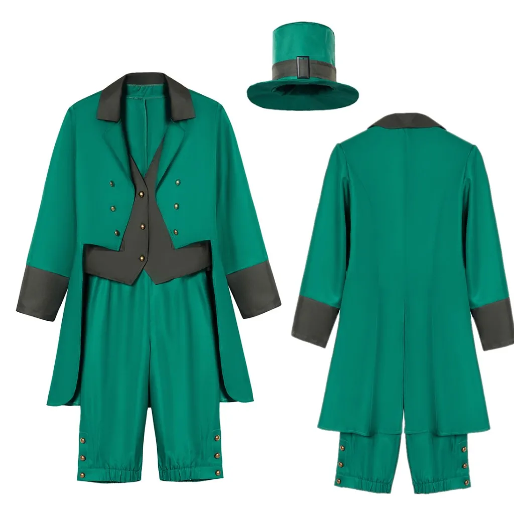 

4pcs reland Tuxedo Leprechaun Fantasia Tailcoat Vest Pants Hat Full Set Men Halloween St. Patrick's Day Elf Cosplay Party Suit
