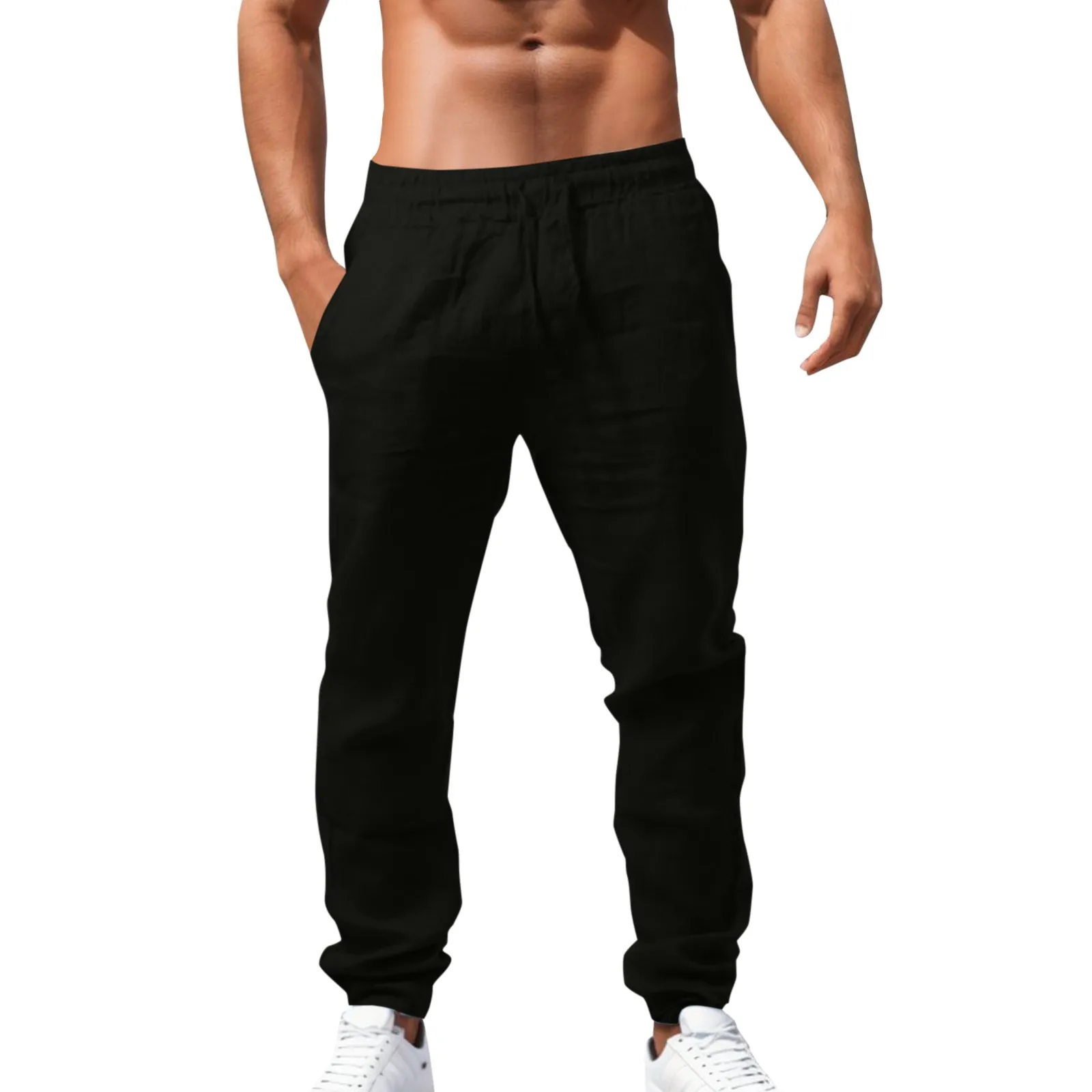 Male Summer New Breathable Solid Color Linen Trousers Casual Drawstring Daily Pants Training Pants Sportswear