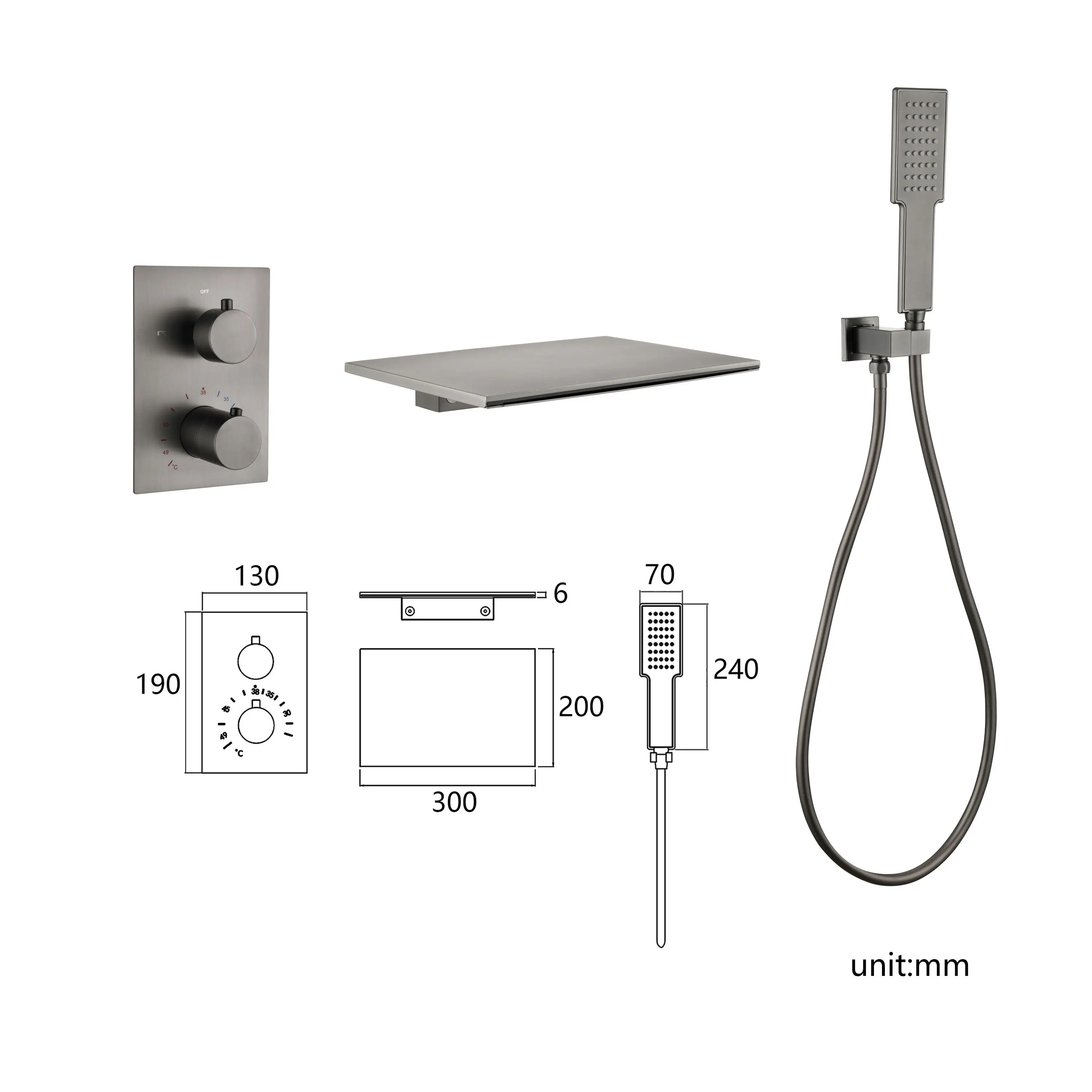 Embedded Wall-mounted Bathtub Faucet Set in Gray, Waterfall Spout, with Handheld Shower Function, Thermostatic Switch