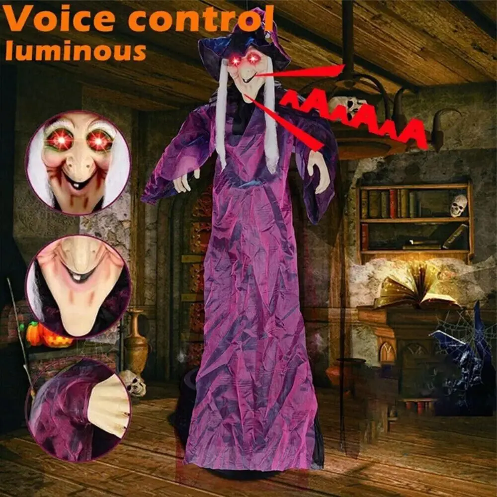 

2025 Halloween Spooky Voice Control Lumious Talking Witch Outdoor Purple Animatronic Witch Decor Prop Red Eye Animated Witch
