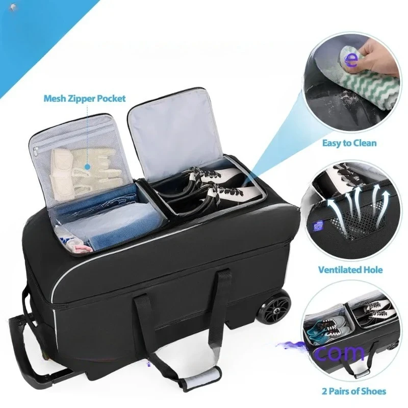 Large Wheels and Retractable Handle 3 Ball Roller Bowling Bag with Multi Accessory Pockets and Shoes Compartment/