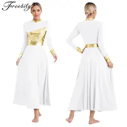 Womens Liturgical Worship Praise Lyrical Dance Dress Metallic Shiny Color Block Long Sleeve Applique Gown Church Choir Dancewear