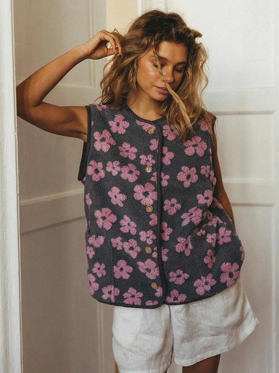 

New Autumn Winter Womens Fleece Vest Open Front Printed Warm Stylish Loose Chic Sleeveless Jacket Coat