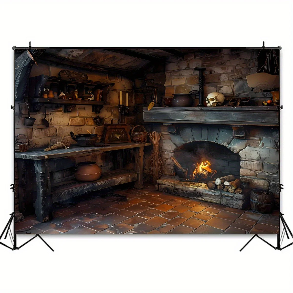 1pc Ghost Witch Cabin Background Halloween Magic Room Witch Magic Potion Book Candles Skeleton Witch Photography Background