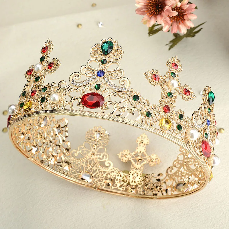 Prince Women Gold Red Green Crystal King Crowns Men European Alloy Metal Round Tiaras Crowns Costume Witch Pageant Headpieces