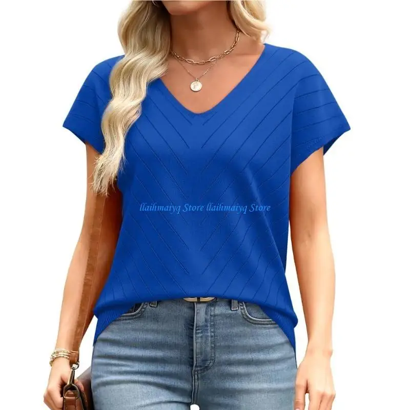 573B Suéter manga corta para mujer, cuello en V, Top Color sólido, ropa para vacaciones en playa, Camisa punto