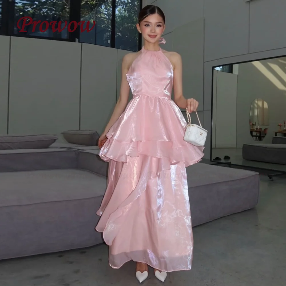 

Prowow Unique Pink A Line Prom Dress Floor Length Halter Wedding Party Gown Sleeveless Ruffles Silk Water Organza Customized